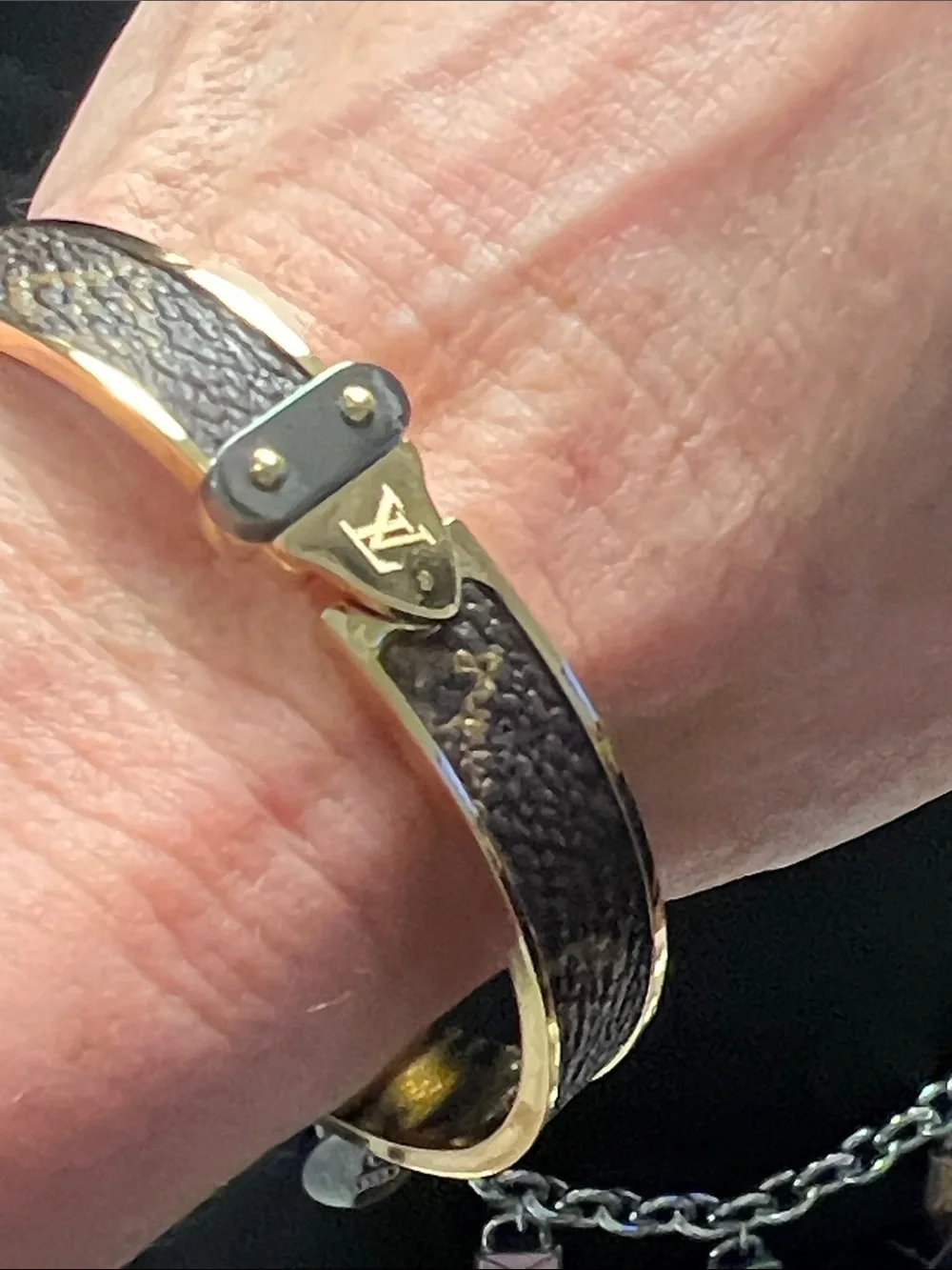 Up Cycled Brown Monogram Bangle with Gold Accent